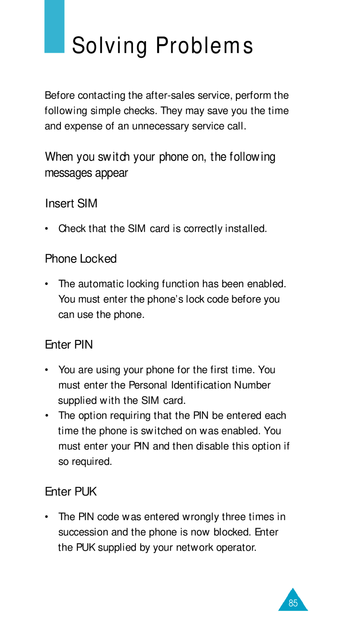 Samsung GSM/DCSI1800 owner manual Solving Problems, Insert SIM, Phone Locked, Enter PIN, Enter PUK 