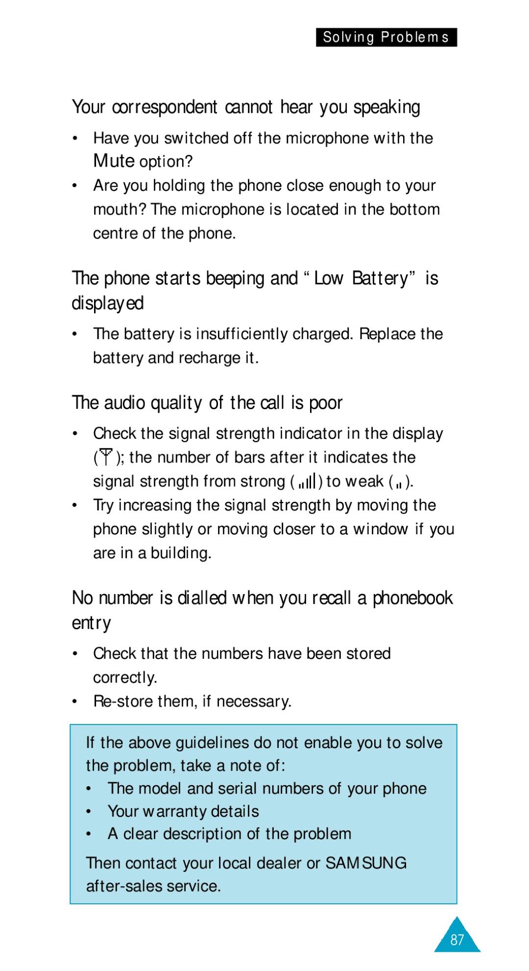 Samsung GSM/DCSI1800 owner manual Phone starts beeping and Low Battery is displayed, Audio quality of the call is poor 