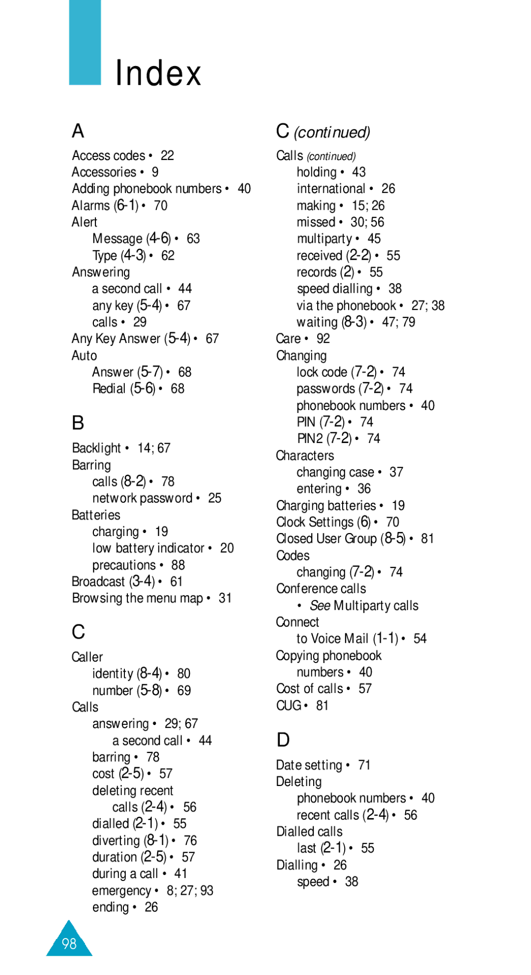 Samsung GSM/DCSI1800 owner manual Index, Calls 