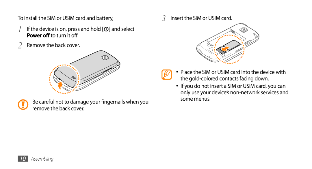 Samsung GT-15510 user manual To install the SIM or Usim card and battery, Gold-colored contacts facing down 