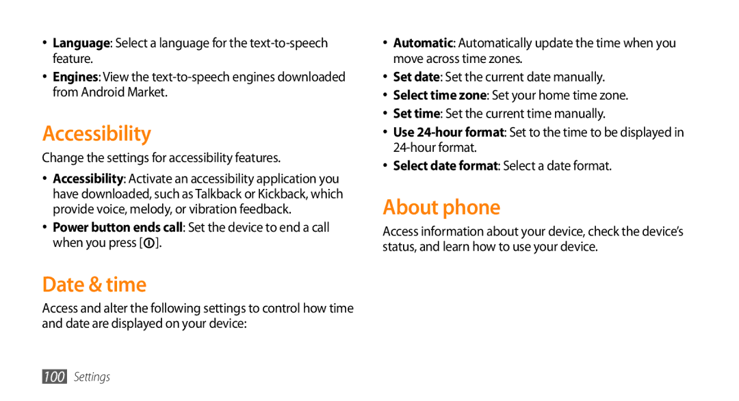 Samsung GT-15510 user manual Accessibility, Date & time, About phone, Change the settings for accessibility features 