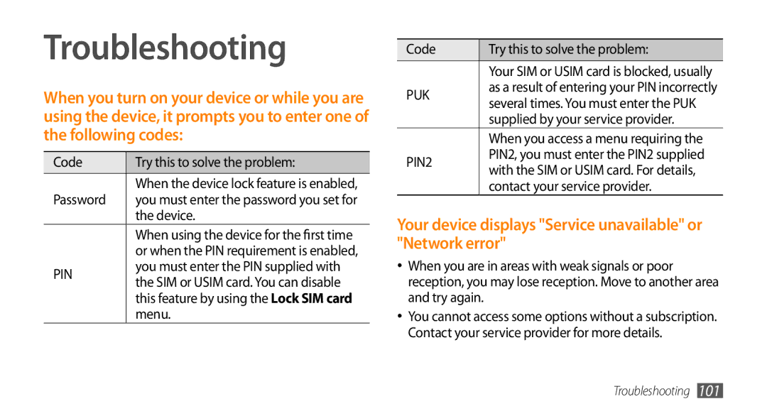 Samsung GT-15510 user manual Troubleshooting, Your device displays Service unavailable or Network error 