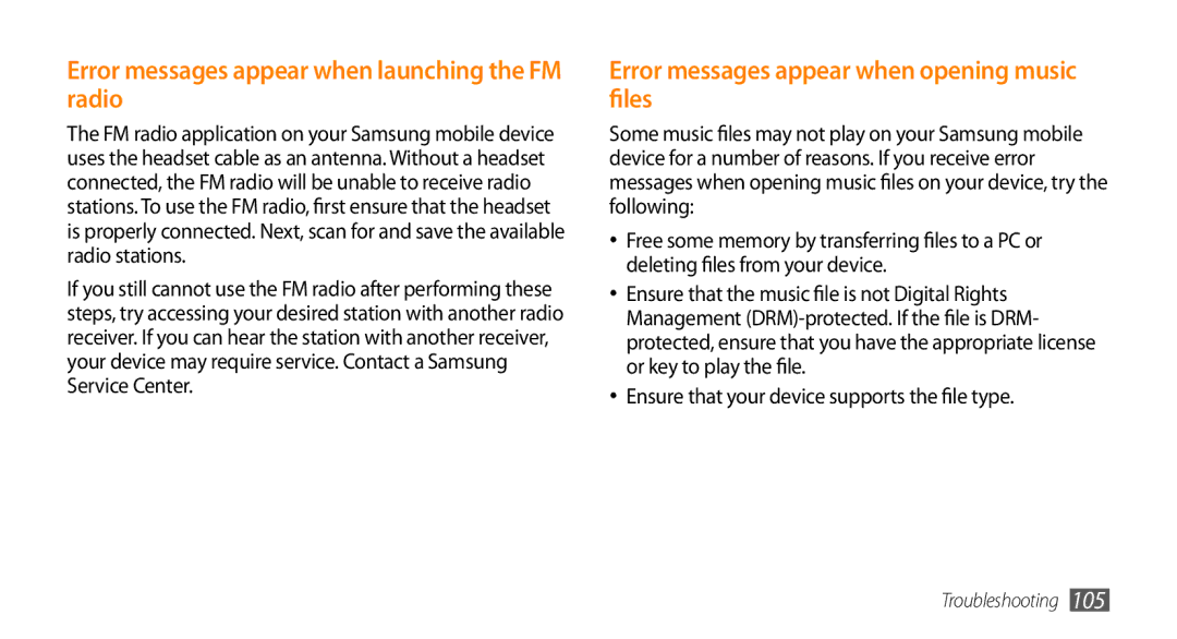 Samsung GT-15510 Error messages appear when launching the FM radio, Error messages appear when opening music files 