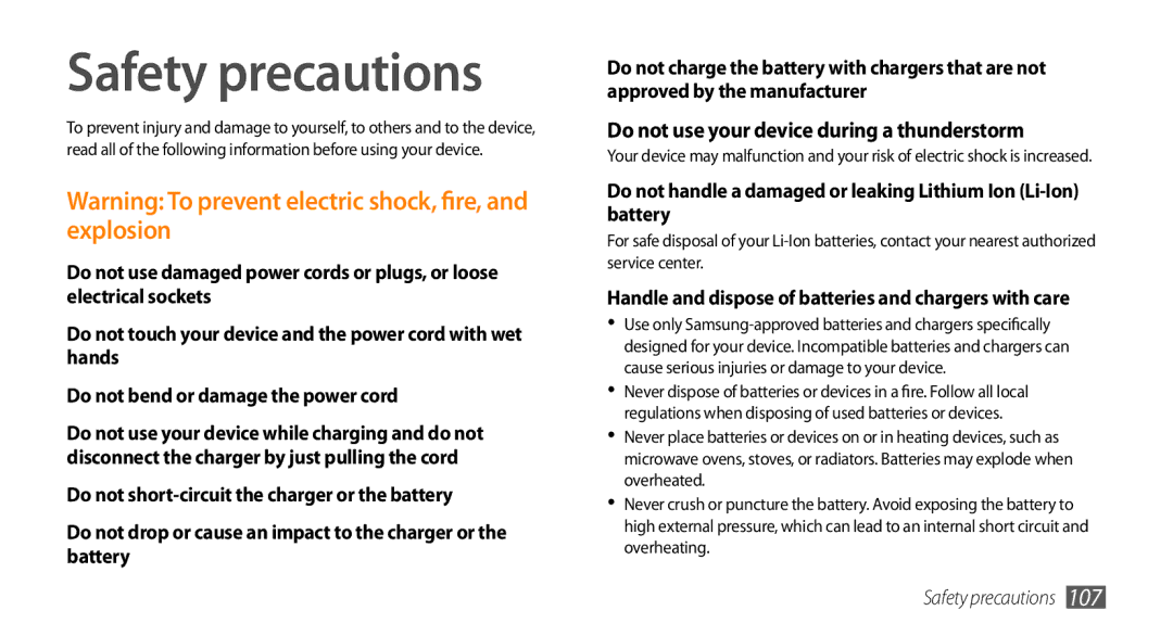 Samsung GT-15510 user manual Safety precautions, Do not use your device during a thunderstorm 