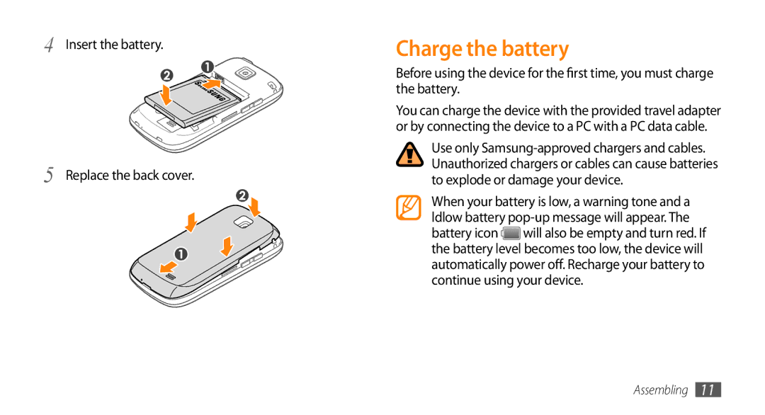 Samsung GT-15510 user manual Charge the battery, Insert the battery Replace the back cover 