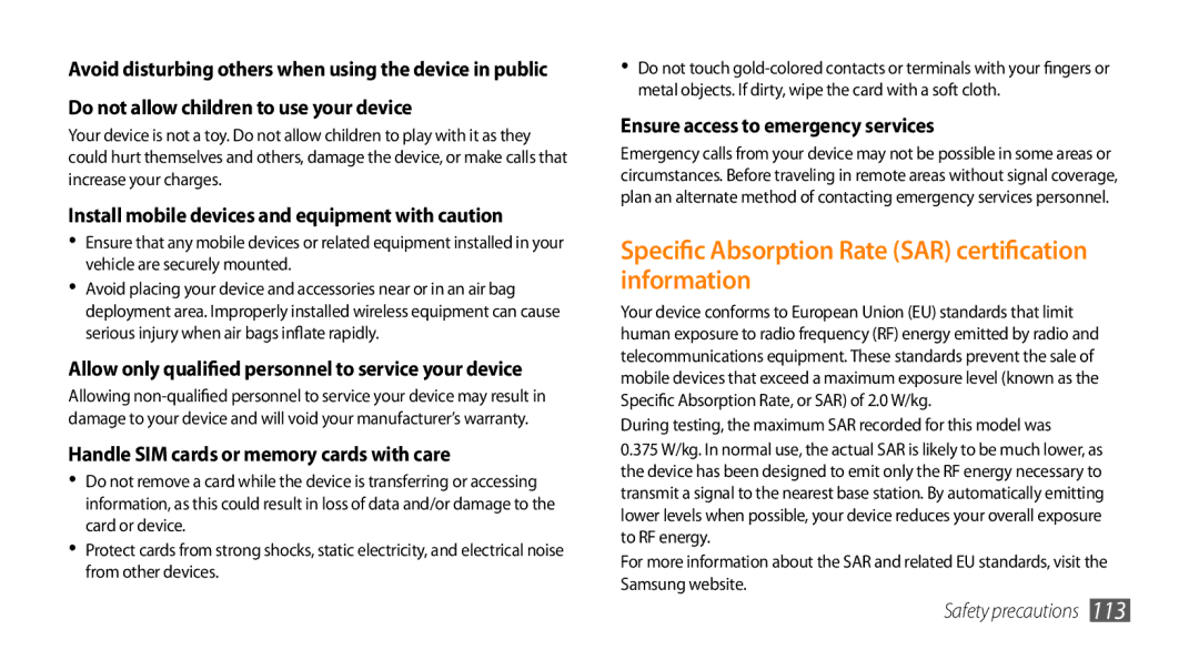 Samsung GT-15510 Specific Absorption Rate SAR certification information, Install mobile devices and equipment with caution 