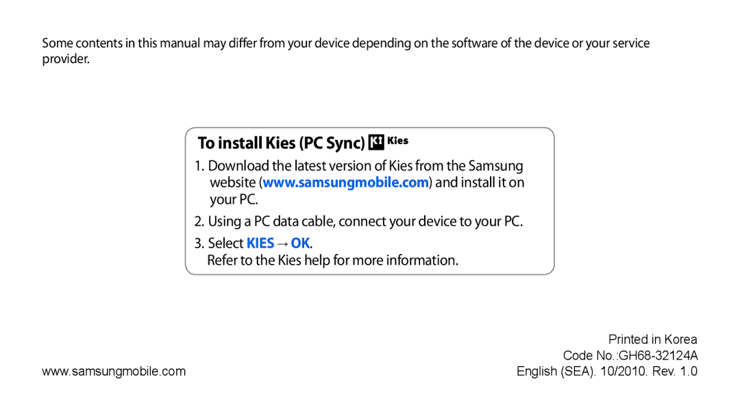 Samsung GT-15510 user manual To install Kies PC Sync 