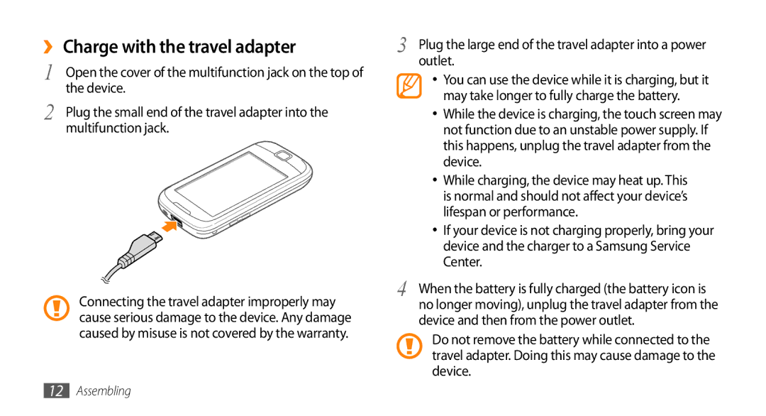 Samsung GT-15510 user manual ›› Charge with the travel adapter, Device, Multifunction jack, Outlet 