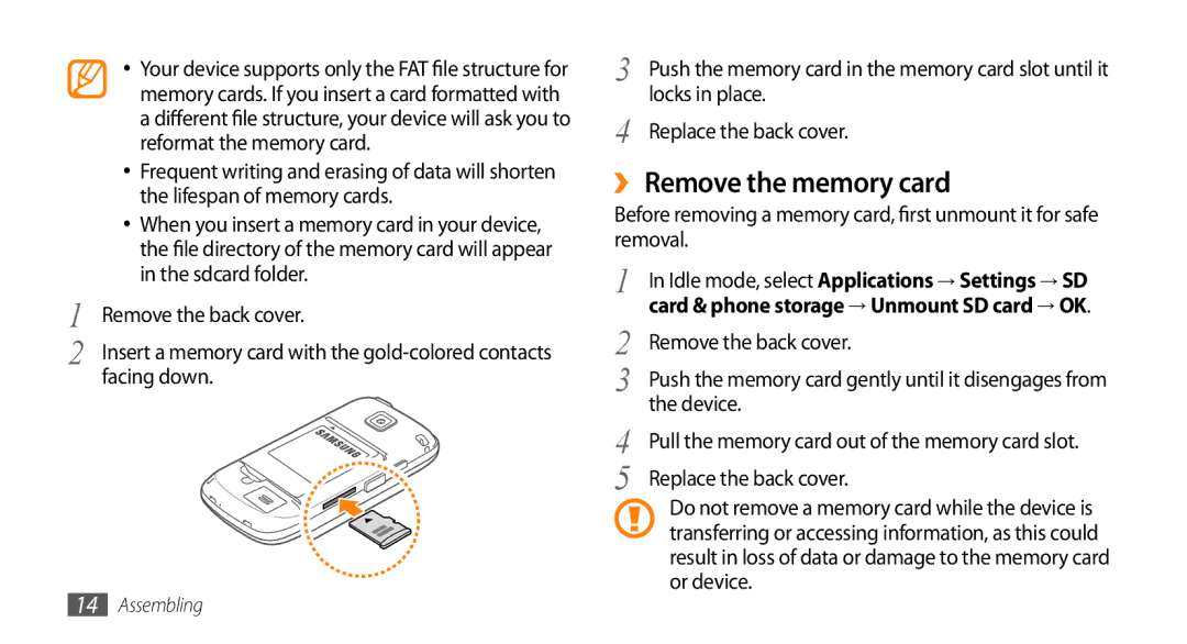 Samsung GT-15510 ›› Remove the memory card, Locks in place, Remove the back cover, Device, Replace the back cover 