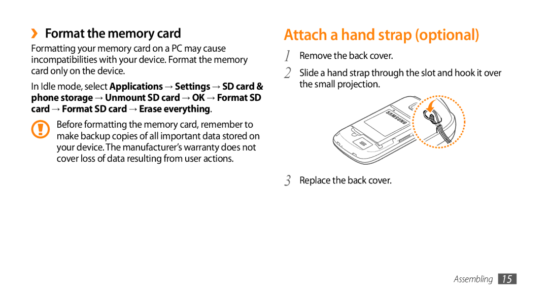 Samsung GT-15510 user manual Attach a hand strap optional, ›› Format the memory card, Small projection 