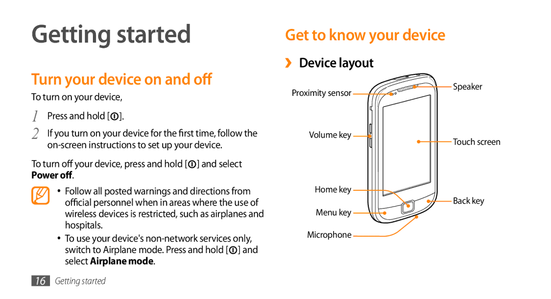 Samsung GT-15510 user manual Getting started, Turn your device on and off, Get to know your device, ›› Device layout 