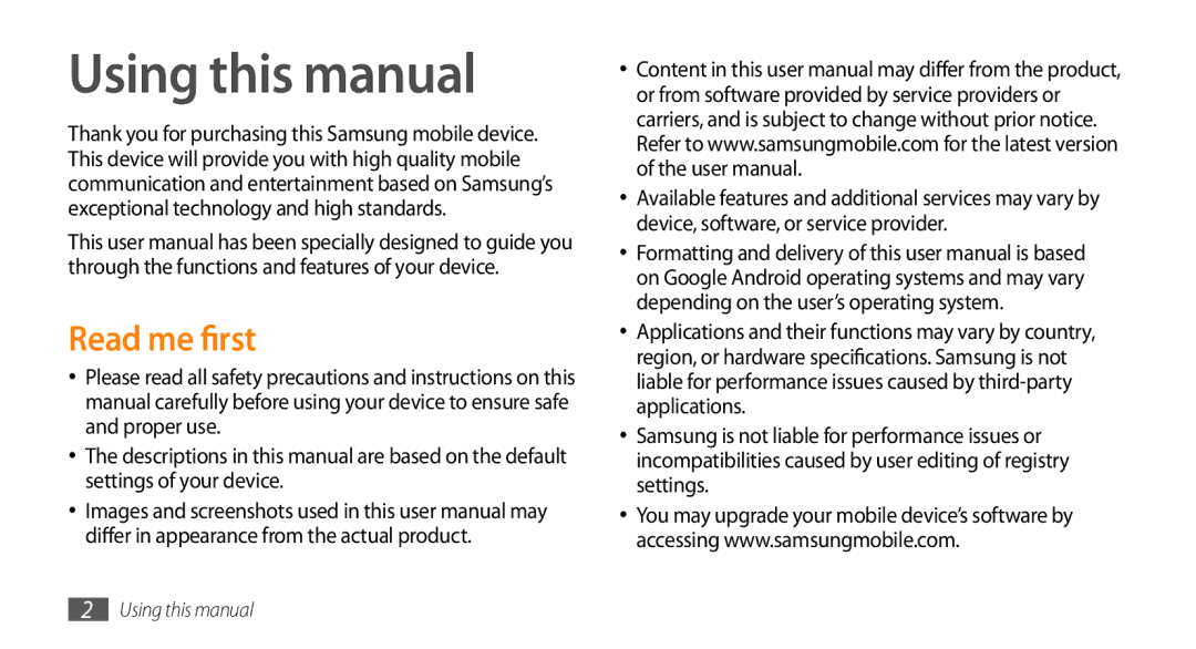 Samsung GT-15510 user manual Using this manual, Read me first 