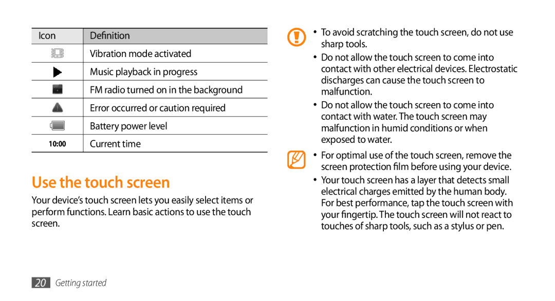 Samsung GT-15510 user manual Use the touch screen, Error occurred or caution required, Battery power level, Current time 