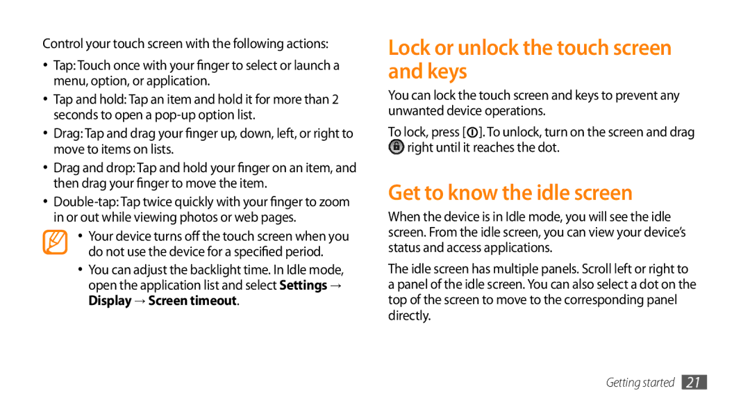 Samsung GT-15510 user manual Lock or unlock the touch screen and keys, Get to know the idle screen 