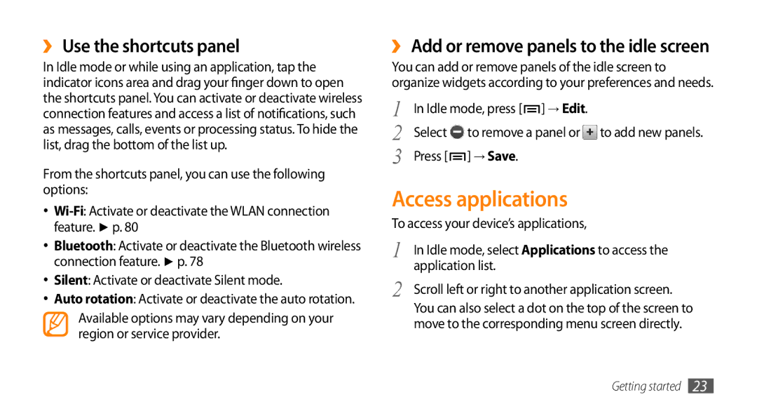 Samsung GT-15510 user manual Access applications, ›› Use the shortcuts panel, → Save 