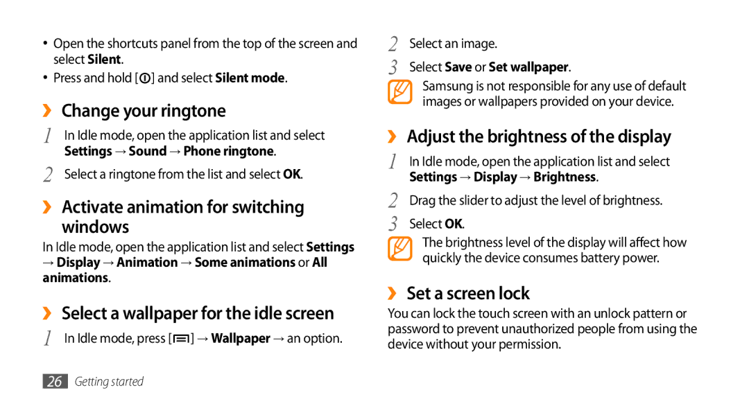 Samsung GT-15510 user manual ›› Change your ringtone, ›› Activate animation for switching Windows, ›› Set a screen lock 