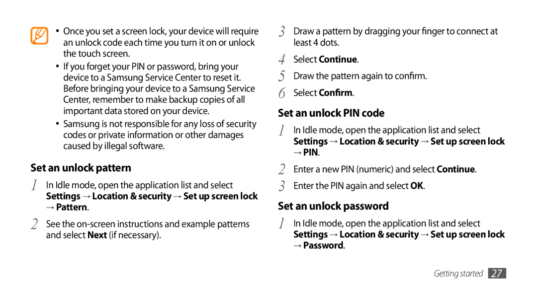 Samsung GT-15510 user manual → Pattern, → Pin, → Password 