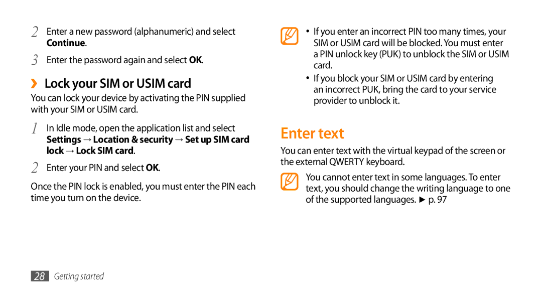 Samsung GT-15510 Enter text, ›› Lock your SIM or Usim card, Continue, Lock → Lock SIM card, Enter your PIN and select OK 