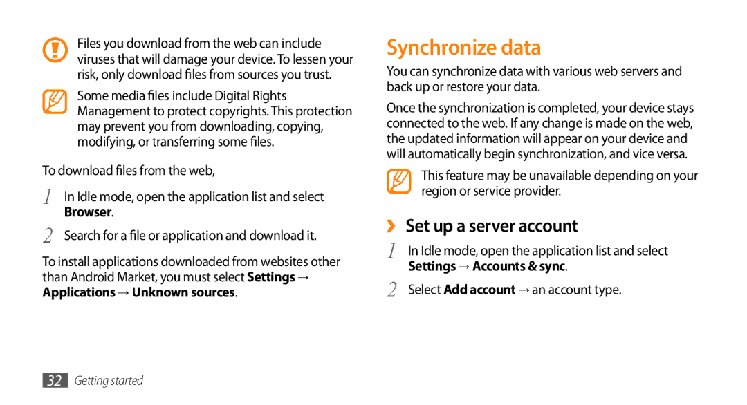 Samsung GT-15510 user manual Synchronize data, ›› Set up a server account, Browser, Settings → Accounts & sync 