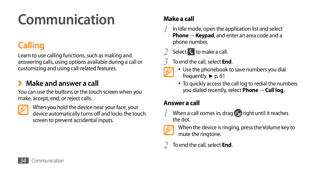 Samsung GT-15510 user manual Communication, Calling, ›› Make and answer a call 