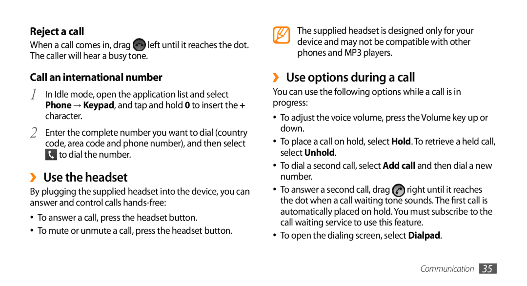 Samsung GT-15510 user manual ›› Use the headset, ›› Use options during a call, Character 