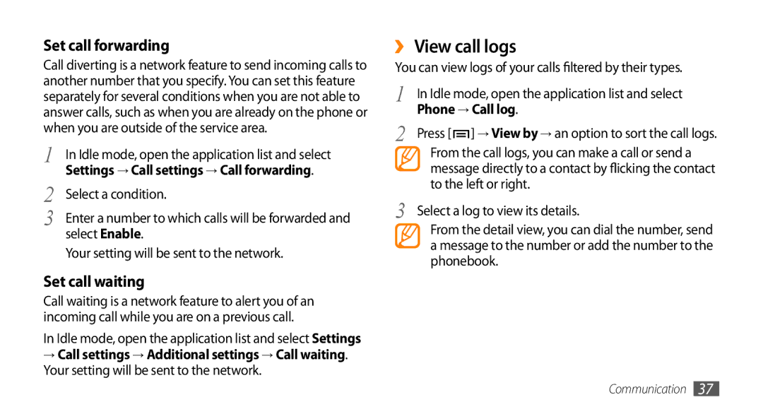 Samsung GT-15510 user manual ›› View call logs, Select a condition, Select Enable, Phone → Call log 