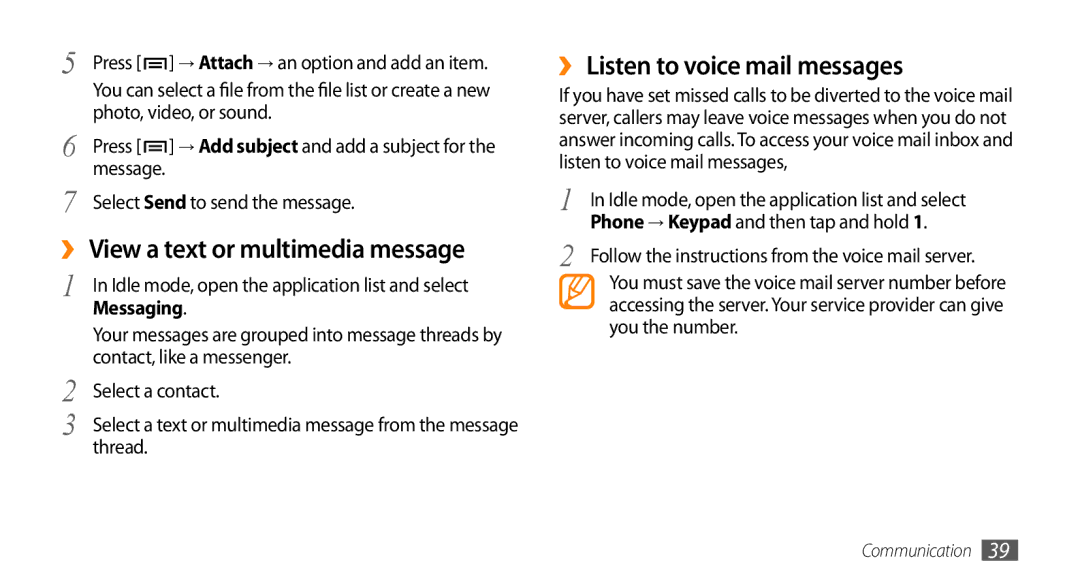 Samsung GT-15510 user manual ›› View a text or multimedia message, ›› Listen to voice mail messages, Messaging 