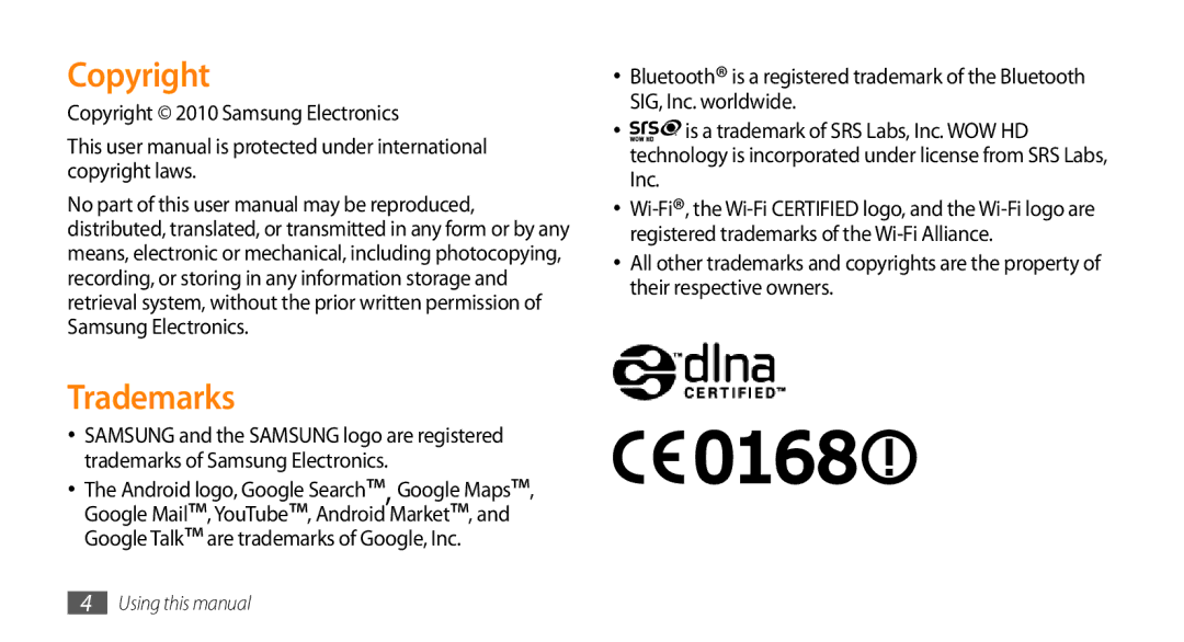 Samsung GT-15510 user manual Trademarks, Copyright 2010 Samsung Electronics 