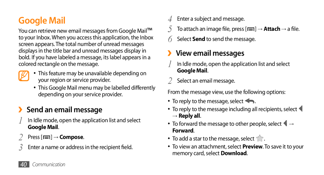 Samsung GT-15510 user manual Google Mail, ›› Send an email message, ›› View email messages, → Reply all 