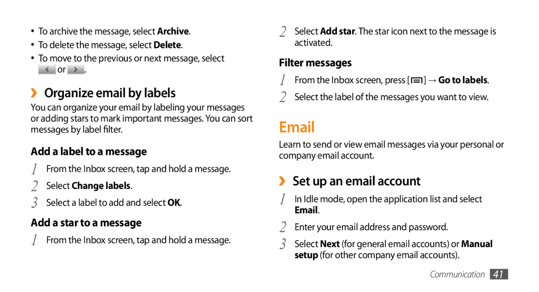 Samsung GT-15510 user manual ›› Organize email by labels, ›› Set up an email account, Select Change labels 