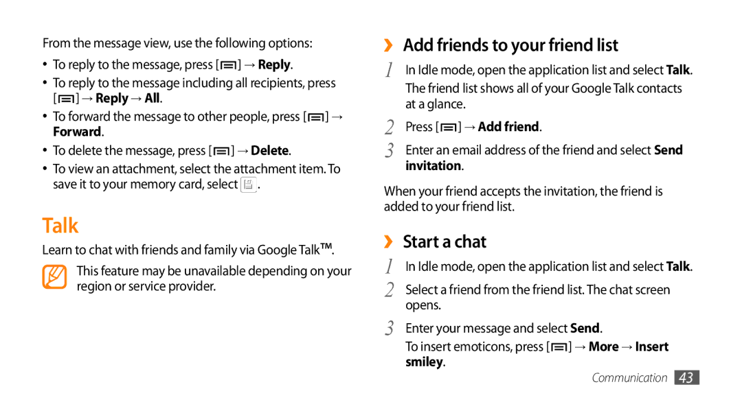 Samsung GT-15510 user manual Talk, ›› Add friends to your friend list, ›› Start a chat, Invitation, Smiley 