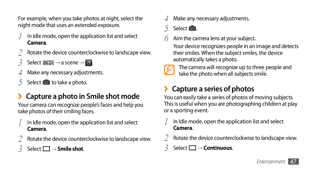 Samsung GT-15510 ›› Capture a photo in Smile shot mode, ›› Capture a series of photos, Camera, → Smile shot, → Continuous 