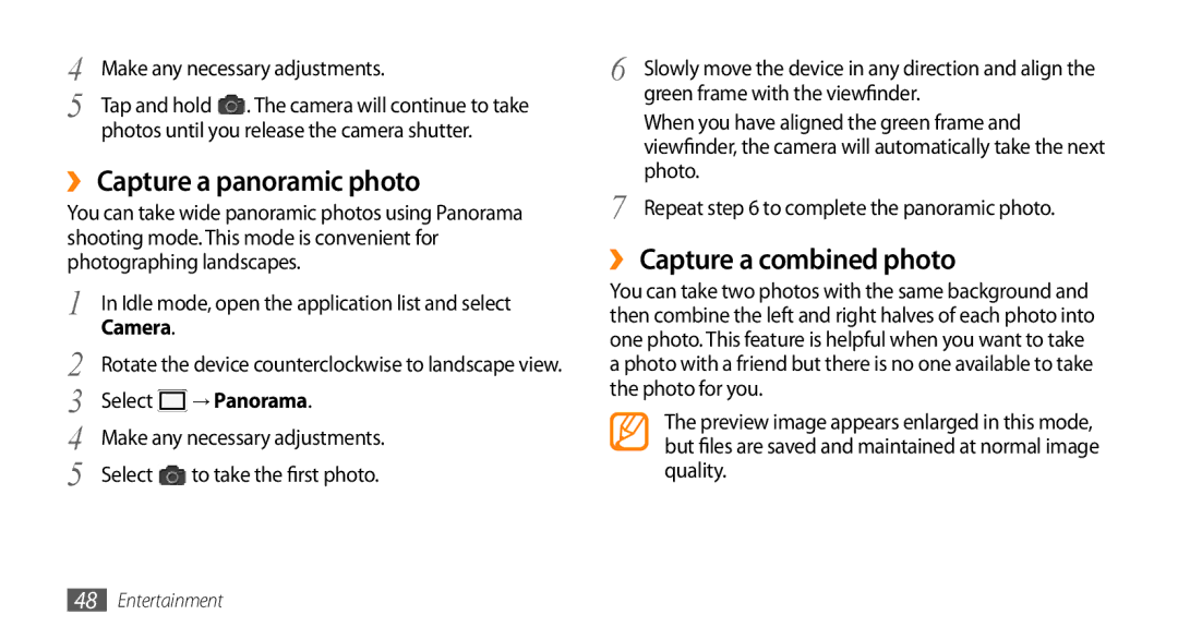 Samsung GT-15510 user manual ›› Capture a panoramic photo, ›› Capture a combined photo, → Panorama 