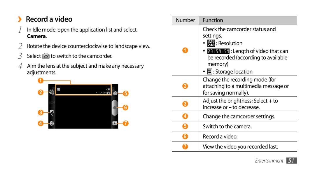 Samsung GT-15510 user manual ›› Record a video, Storage location Change the recording mode for 