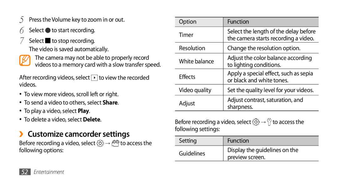 Samsung GT-15510 user manual ›› Customize camcorder settings 