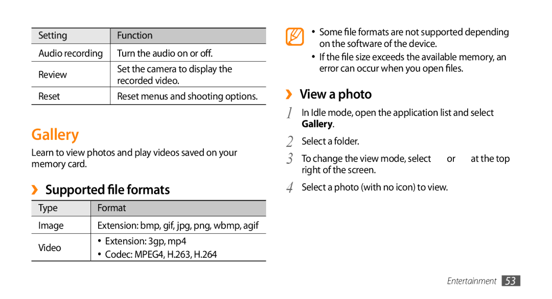 Samsung GT-15510 user manual Gallery, ››Supported file formats, ›› View a photo 