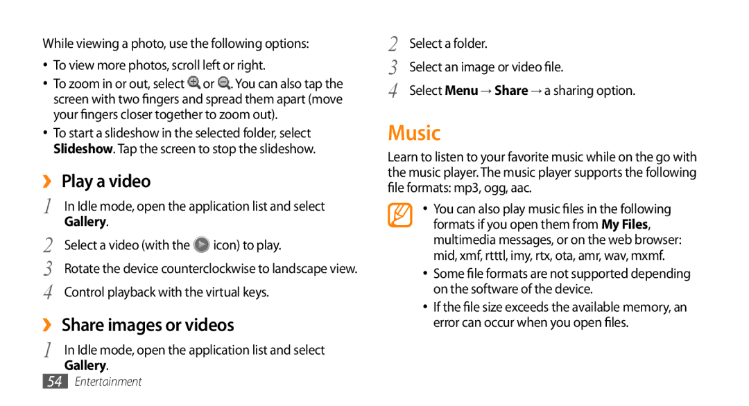 Samsung GT-15510 user manual Music, ›› Play a video, ›› Share images or videos 