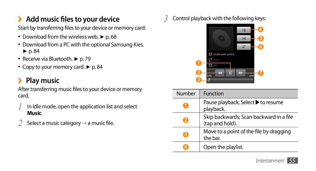 Samsung GT-15510 user manual ››Add music files to your device, ››Play music, Music 