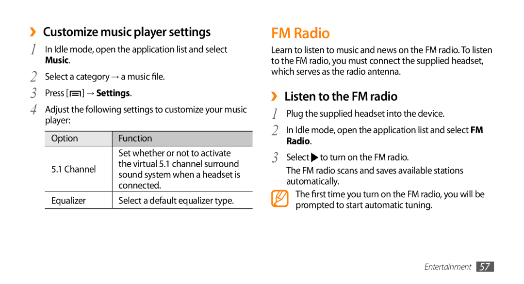 Samsung GT-15510 user manual FM Radio, ›› Customize music player settings, ›› Listen to the FM radio 