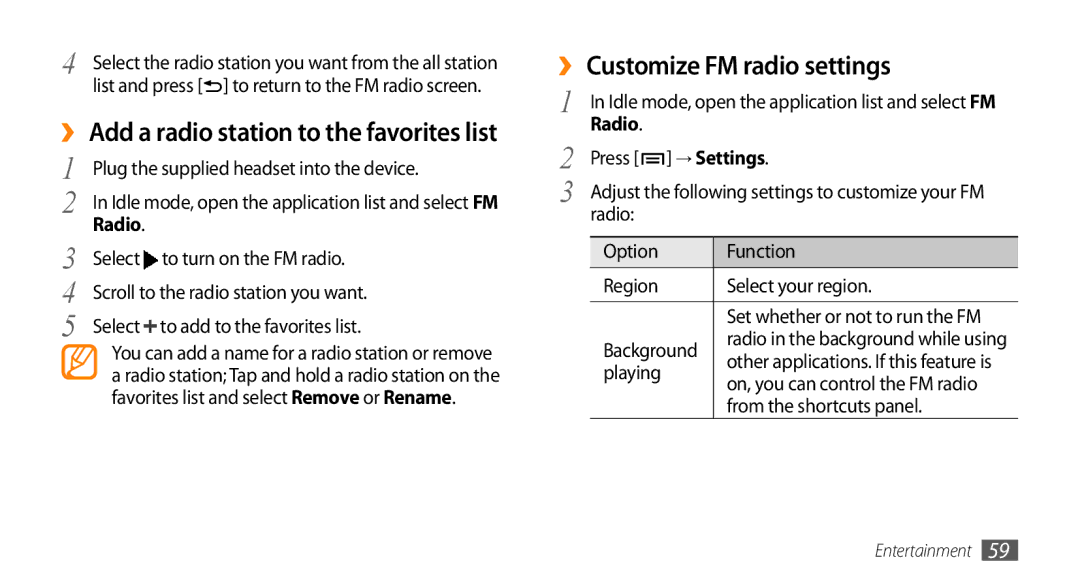 Samsung GT-15510 user manual ›› Customize FM radio settings, → Settings 