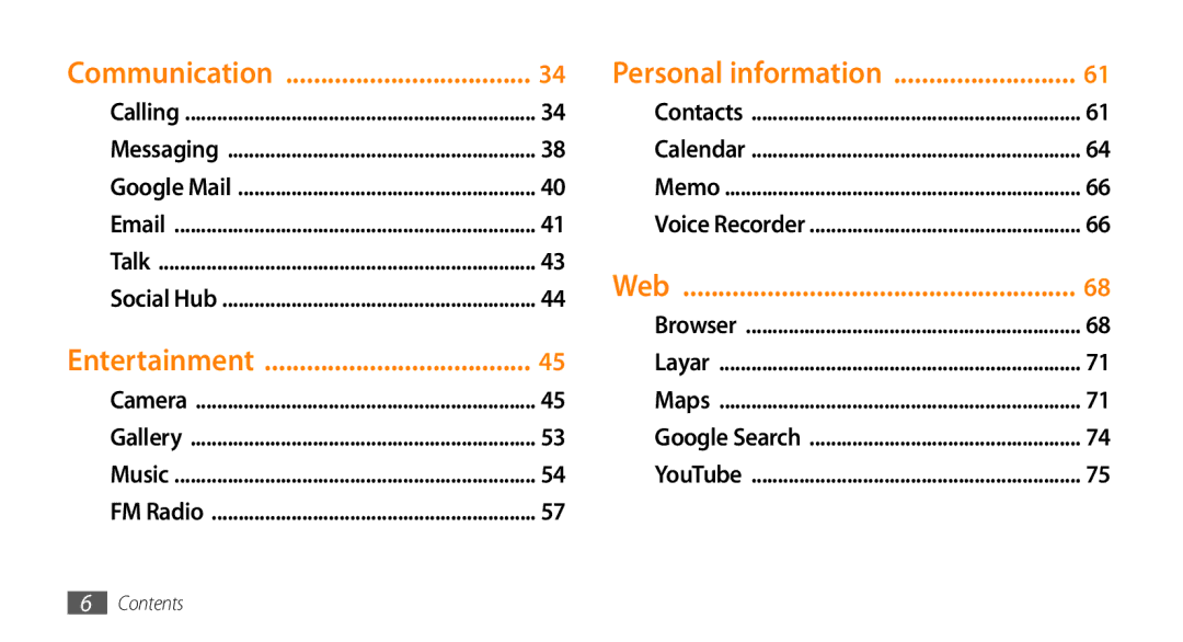 Samsung GT-15510 user manual Communication Personal information, Web, Entertainment 