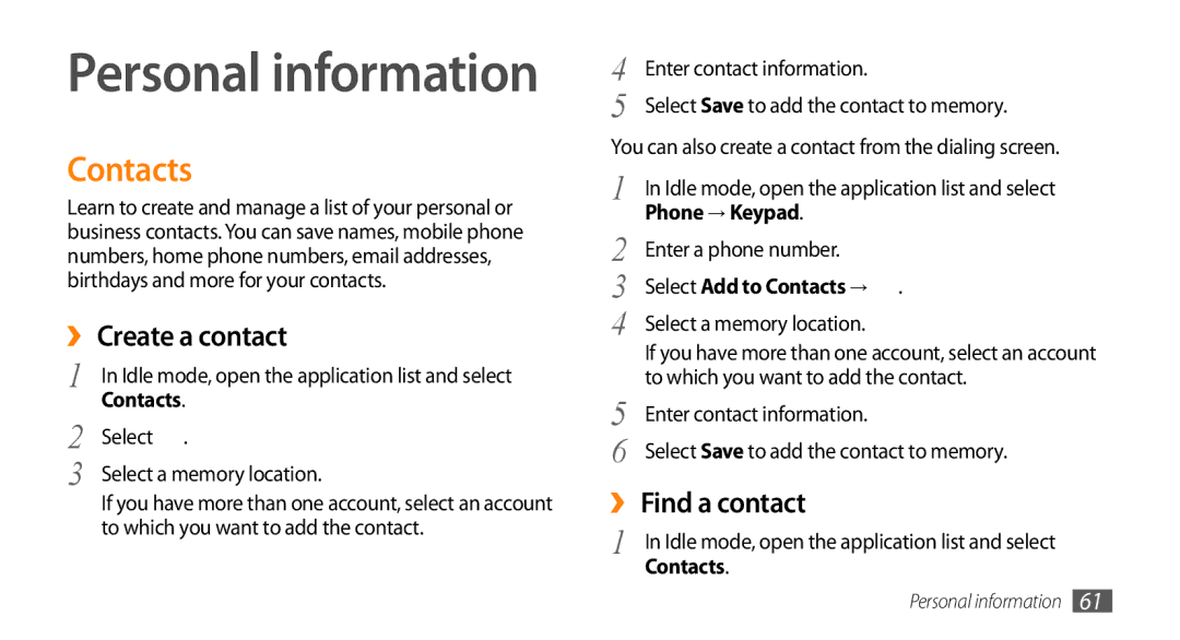 Samsung GT-15510 user manual Contacts, ›› Create a contact, ›› Find a contact 