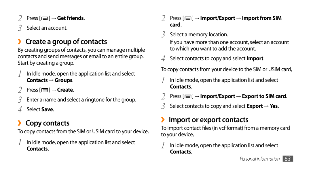 Samsung GT-15510 ›› Create a group of contacts, ›› Copy contacts, ›› Import or export contacts, Contacts → Groups, Card 