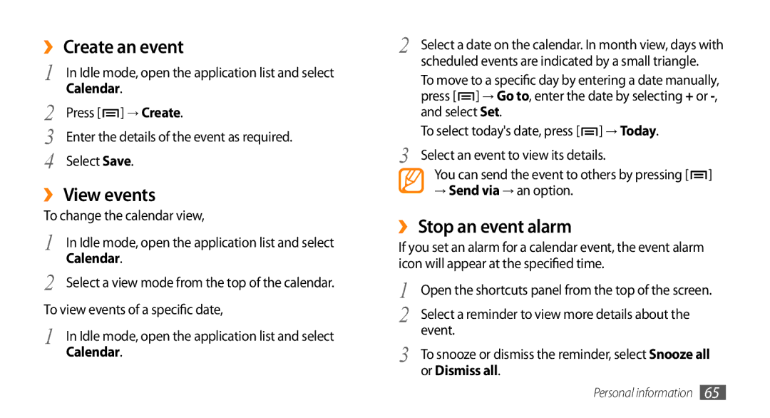 Samsung GT-15510 user manual ›› Create an event, ›› View events, ›› Stop an event alarm, Calendar, Or Dismiss all 