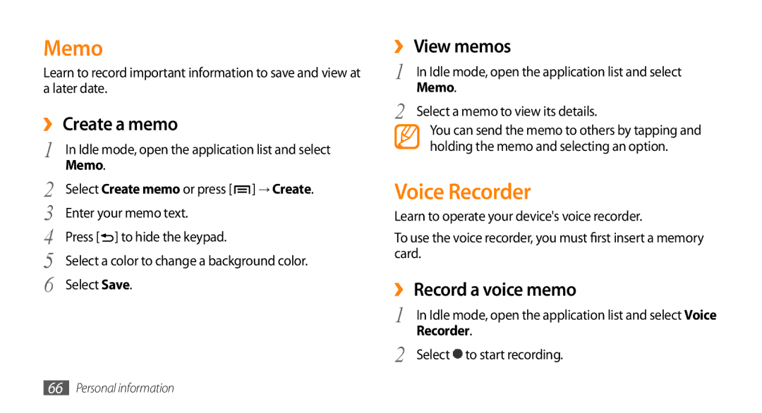 Samsung GT-15510 user manual Memo, Voice Recorder, ›› Create a memo, ›› View memos, ›› Record a voice memo 