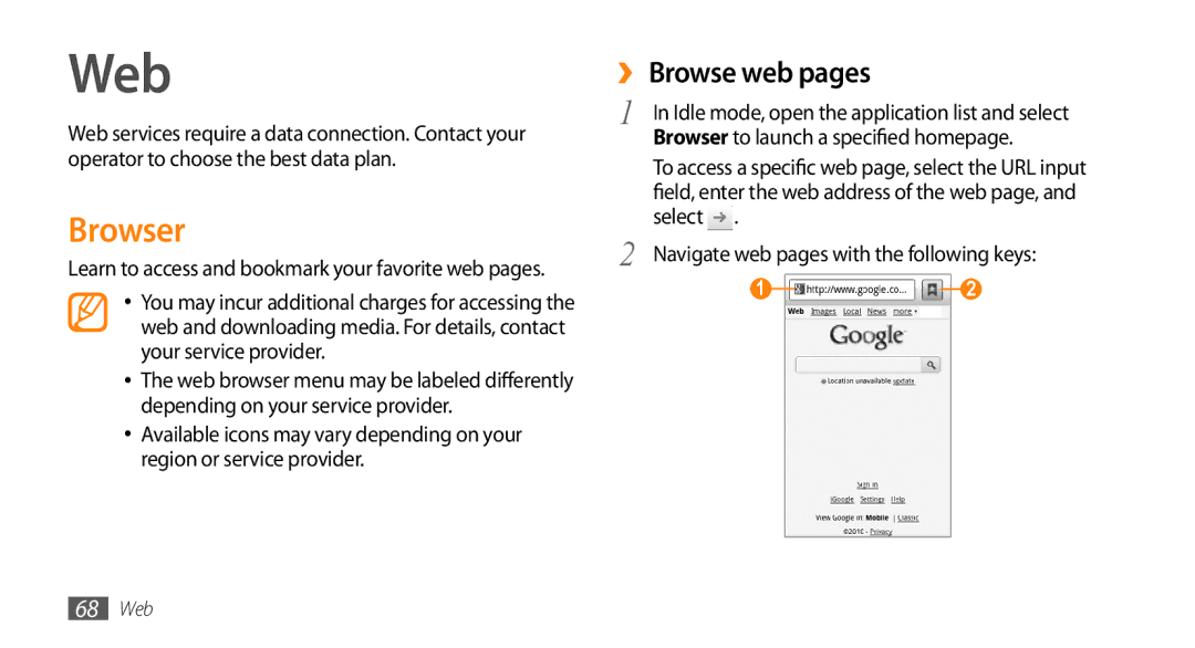 Samsung GT-15510 user manual Web, Browser, ›› Browse web pages 