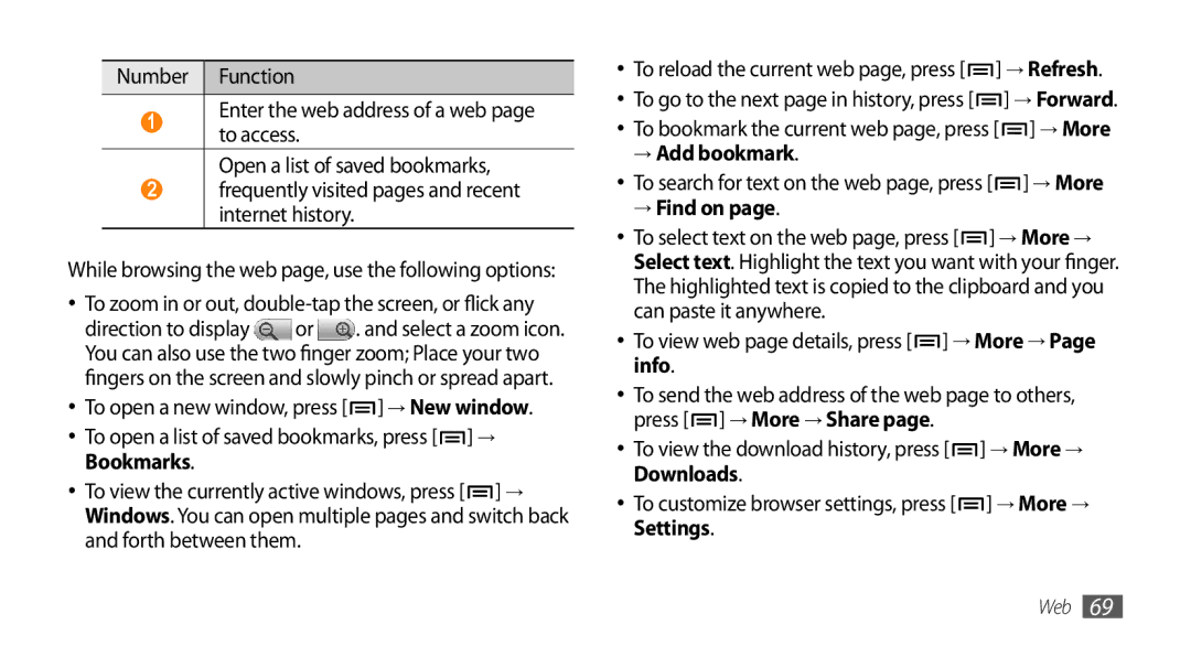 Samsung GT-15510 user manual Bookmarks, → Add bookmark, → Find on, To customize browser settings, press → More → Settings 