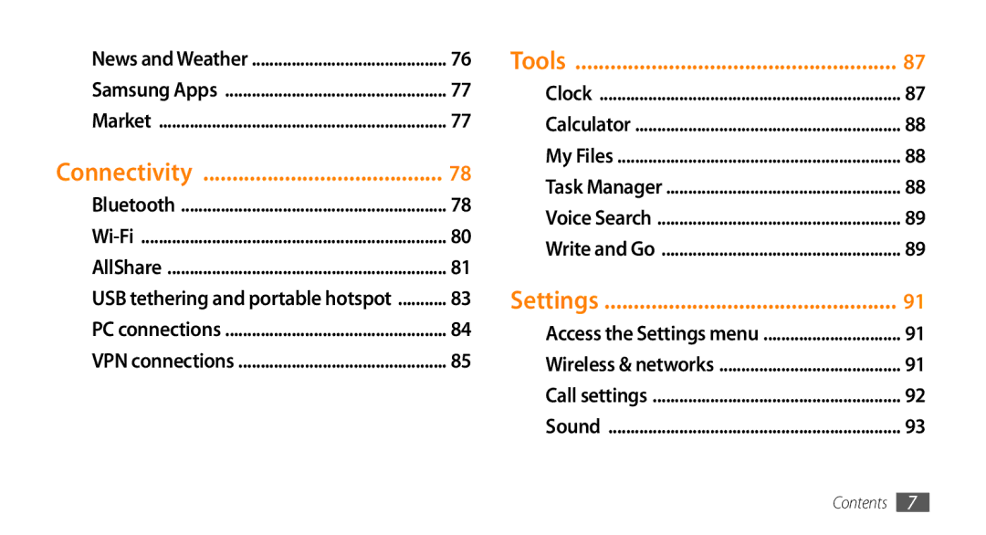 Samsung GT-15510 user manual Connectivity, Tools, Settings 