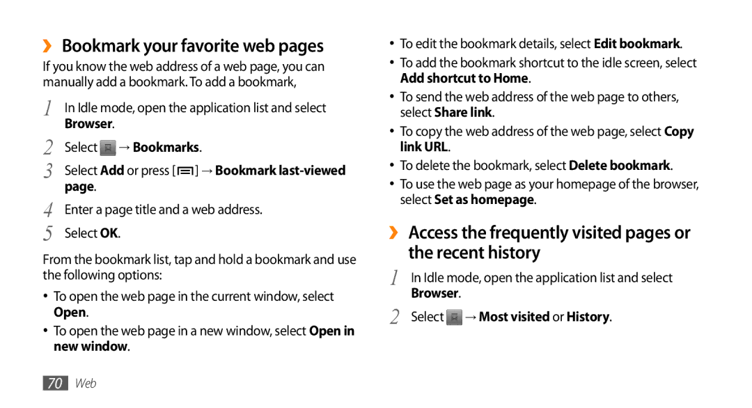 Samsung GT-15510 user manual ›› Bookmark your favorite web pages, Select → Bookmarks, Enter a page title and a web address 