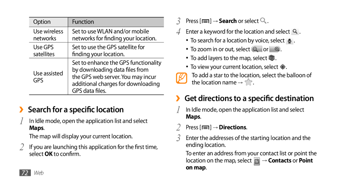 Samsung GT-15510 user manual ›› Search for a specific location, ›› Get directions to a specific destination, Maps, On map 